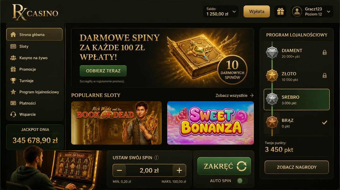 Ikona darmowych spinów przy slocie + nazwy popularnych slotów + kwota 0,10 € + poziomy lojalnościowe + gracz korzystający z promocji