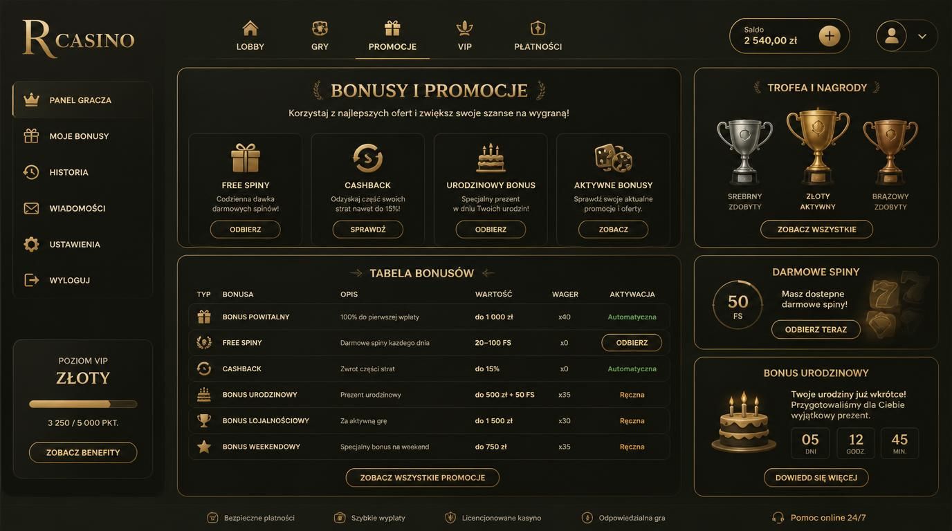 Ikony typów bonusów + trofea + wartości w złotówkach i FS + bonus urodzinowy