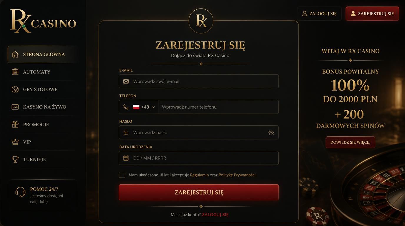 Formularz rejestracyjny w witrynie RX Casino.
