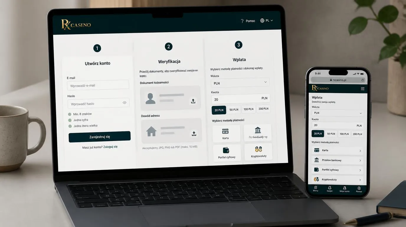 Panel rejestracji konta, przesyłania dokumentów KYC i pierwszego depozytu w PLN na laptopie
