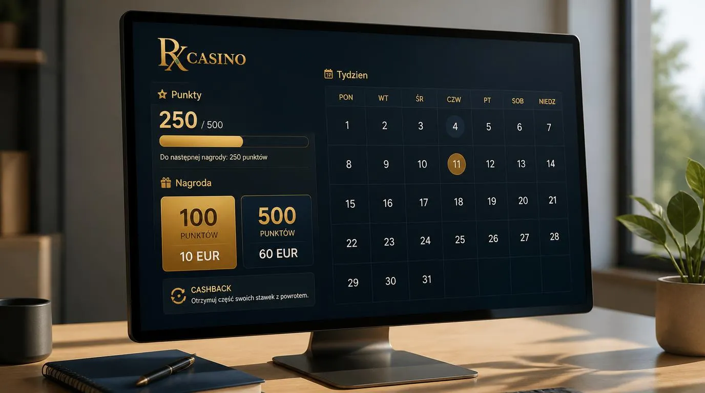 Panel promocji kasyna z tygodniowym licznikiem punktów i kartami nagród lojalnościowych